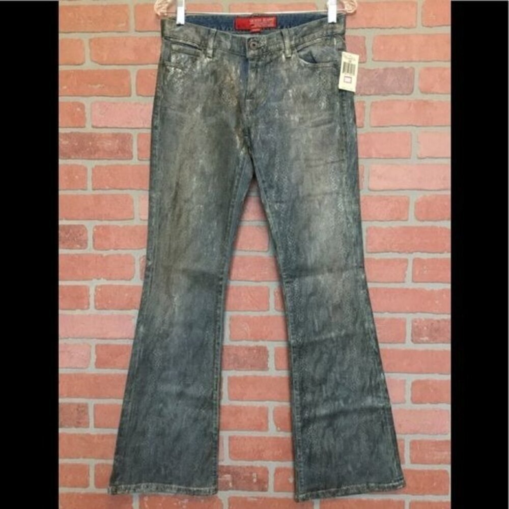 Vintage Womens Guess Jeans Bronze Foil Wash 28 Flare Snakeskin Print Mobwife